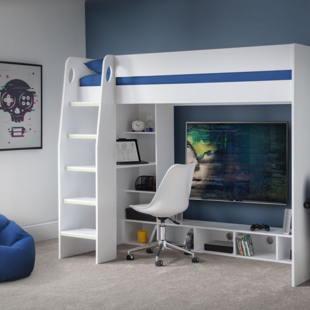 Nebula Gaming High Sleeper Bed With Desk - 3ft Single - White