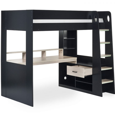 Blaze Gaming High Sleeper Bed With Desk - 3ft Single - Black & Pale Wood