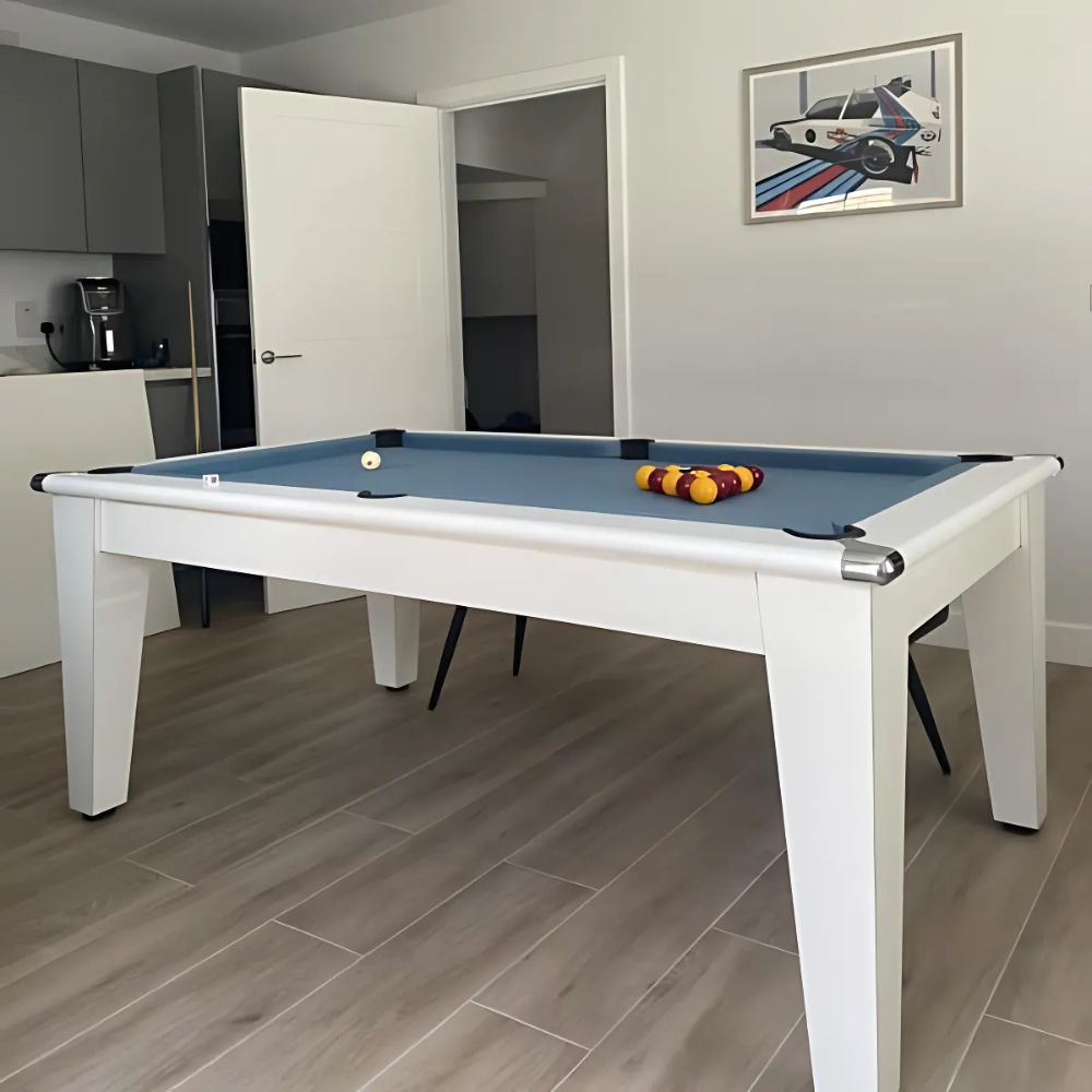 Gatley Classic Pool Dining Table | Gloss White | Elite Pro Powder Blue Cloth