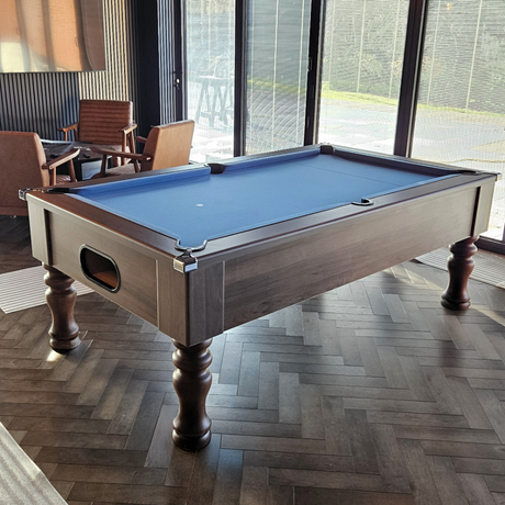 Cry Wolf Turned Leg Pool Table | Dark Walnut | Smart Powder Blue Cloth