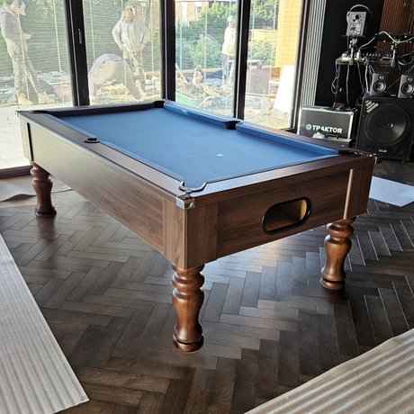 Cry Wolf Turned Leg Pool Table | Dark Walnut | Smart Powder Blue Cloth